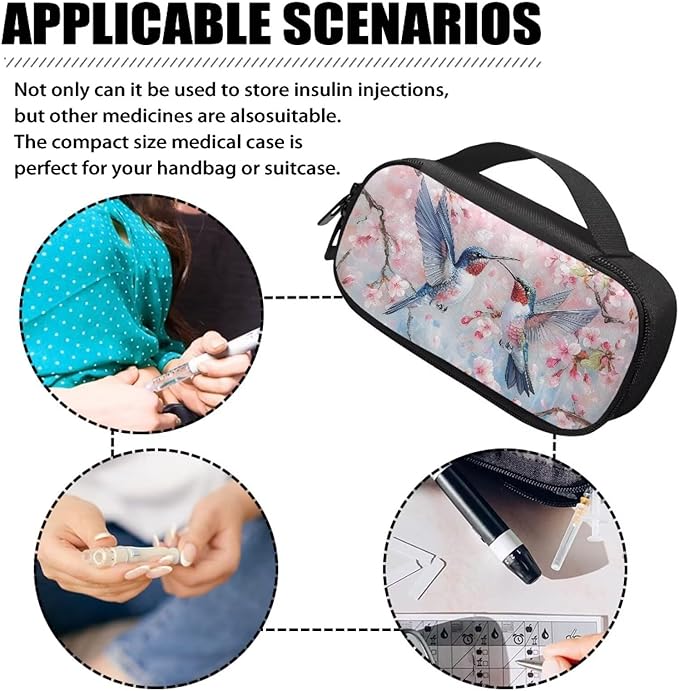 Cherry Blossom Hummingbirds Insulin Cooler Travel Case Insulated Diabetic Bag with Top Handle Medication Cooler Bag for Insulin Pens and Blood Glucose Monitor Supplies Easy to Carry