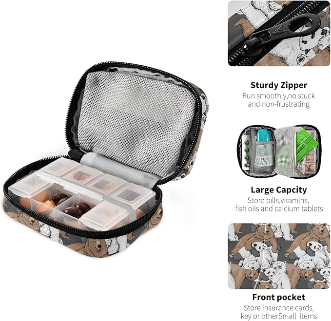 Bear Panda Pill Box 7 Day Pill Case Travel Pill Organizer Bag with Zipper Portable Weekly Case Bag Compact Size for Vitamin Supplement Holder