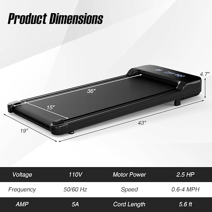 Goplus Walking Pad, 2.5 HP Under Desk Treadmill with Remote Control & LED Display, 3 Countdown Modes, 0.6-4 MPH Portable Treadmills for Home Small, Office, Free-Installation