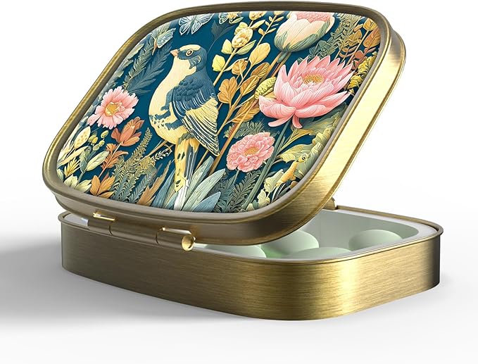 Small Pill Box Pill Case with Mirror Retro Pocket 2 Compartment Pill Holder for Purse or Pocket Bronze Portable Medicine Vitamin Container Fish Oil and Supplement Storage BPA-Free