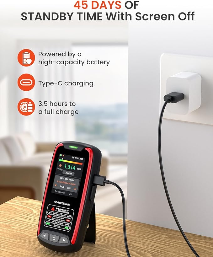 Radon Detector for Home, Portable Radon Monitor with TFT Color Display, Rechargeable Radon Tester Quick Result 6 Hour, 504 Days Data Storage with Audible & Visual Alarm (pCi/L or Bq/m³)