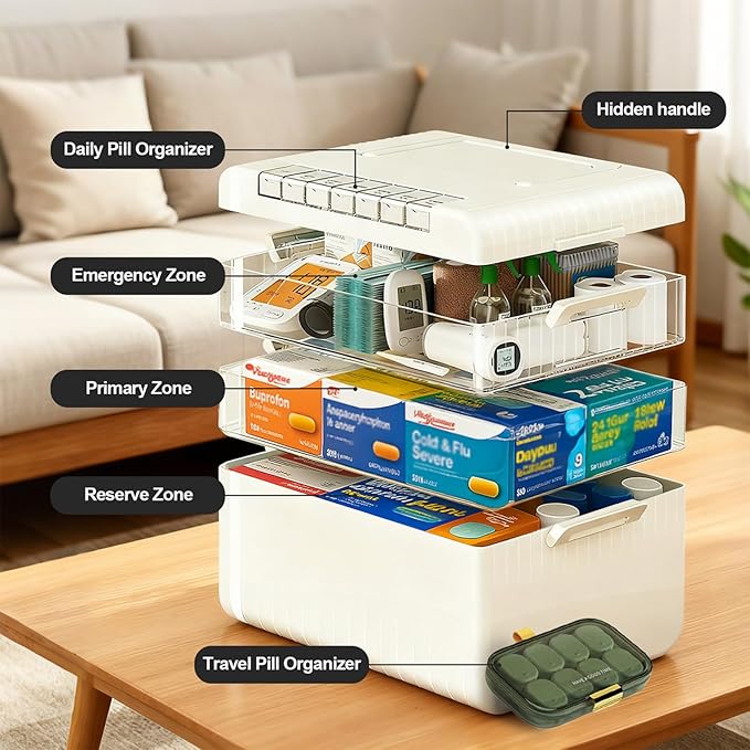 Large Medicine Cabinet Pill Organizer 3 Tier First Aid Storage with Foldable Handle for Household Essentials Emergency Use