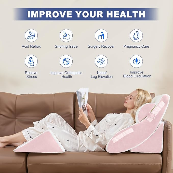4PC Geriatric Wedge Pillow System - Elderly Bed Wedges for Sitting/Sleeping, Post Surgery Body Positioner with Non-Slip Base (Ideal for Seniors & Pregnancy), White Pink