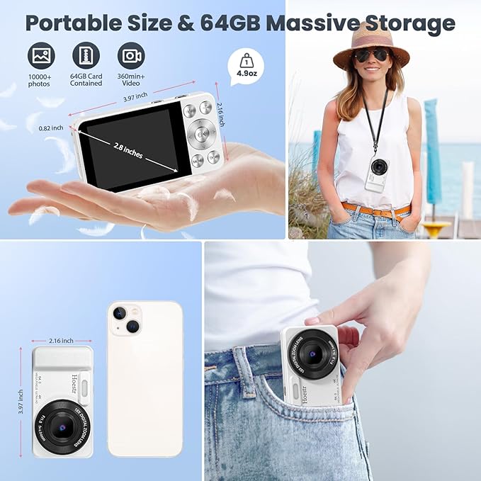 64MP 4K Digital Camera, Hoestr 18X Zoom Autofocus Point and Shoot Compact Camera with 64GB TF Card, Flash, 2.8" LCD Screen for Teens Adult Beginner Travel Photography Vlogging（White）