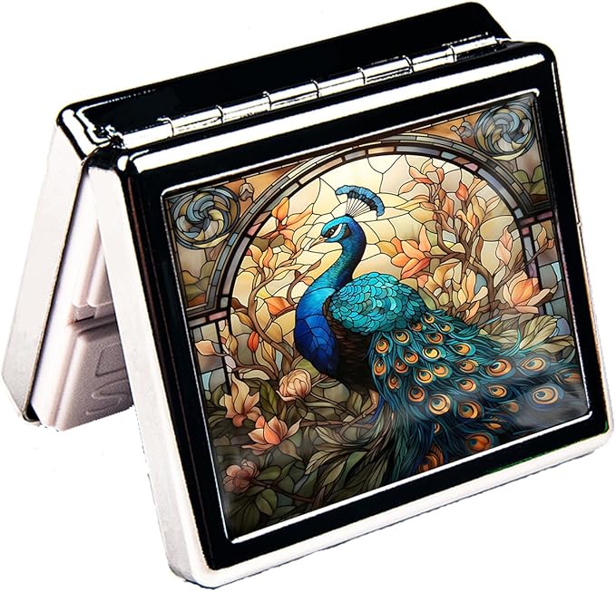 7 Days Chromed Shiny Silver Pill Organizer with Mirror Inside Has 8 Separate Compartments Rectangle 7 Days Pill Box Pill Case (Beautiful Elegant Peacock)