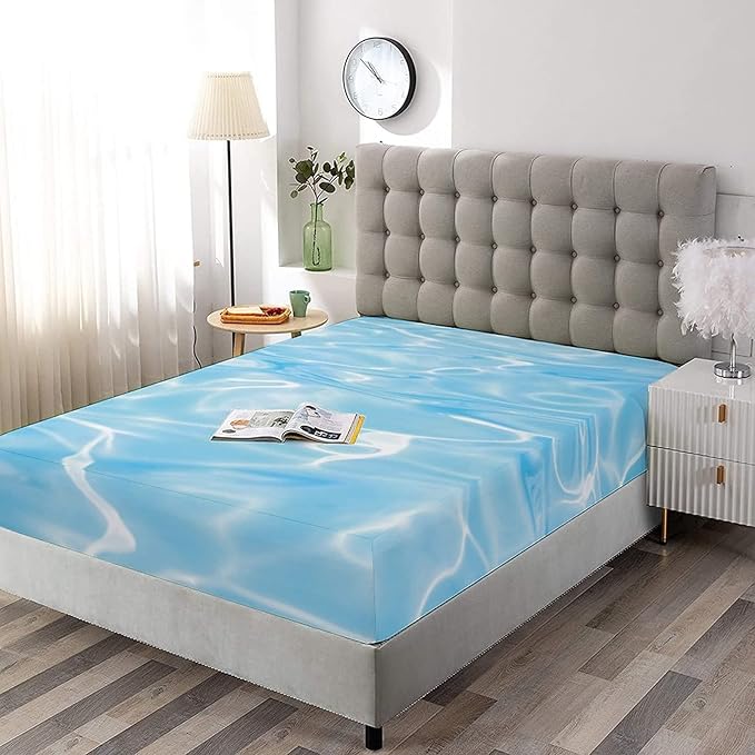 Decorative Fitted Sheet Set Queen Size, Aqua Deep Pockets Fitted Sheet & 2 Pillow Sham Set(No Flat Sheet), Swimming Pool Ocean Sea Surface Sun Reflection Geometric Printed Microfiber Bedding 3pc Set