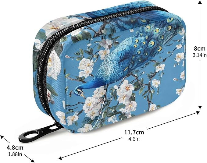 Blue Peacock Flower Travel Pill Organizer Case Box Container Weekly Portable Vitamin Medicine Holder Storage Bag with Zipper Removable