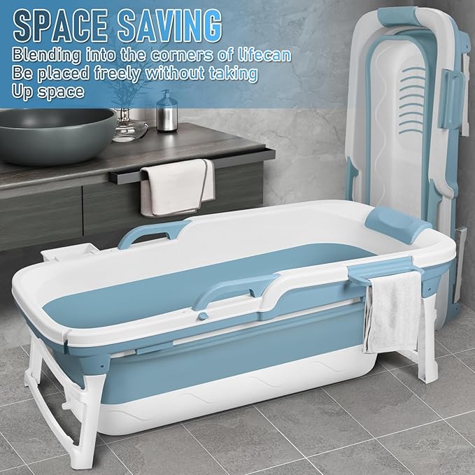 51" Portable Bathtub for Adult,Foldable Tub with Handle,Ergonomic Headrest,Soaking Tub,No Lid,Large Collapsible Bathtub for Shower Ice Bath,Hot Bath,Home Sauna, Sweat Steaming (Blue, 130 cm)