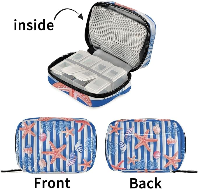 Blue Stripes Starfish Seashells Corals Travel Pill Organizer Case Box Container Weekly Portable Vitamin Medicine Holder Storage Bag with Zipper Removable