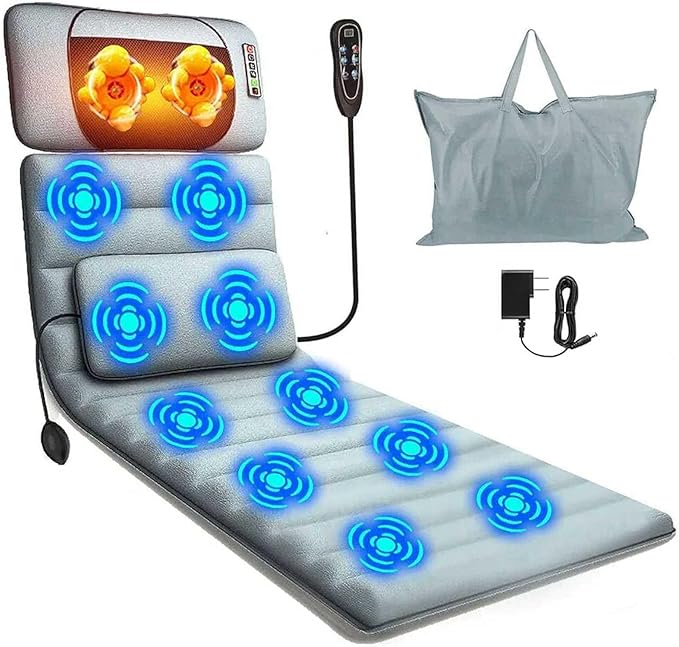 Full Body Massage Mat with Heat & Movable Shiatsu Neck Back Massager Pillow,Massage Pad with Back Lumbar Support,9 Massage Modes,10 Vibration Motors & 3 Heating Levels,for Neck Leg Pain Relief