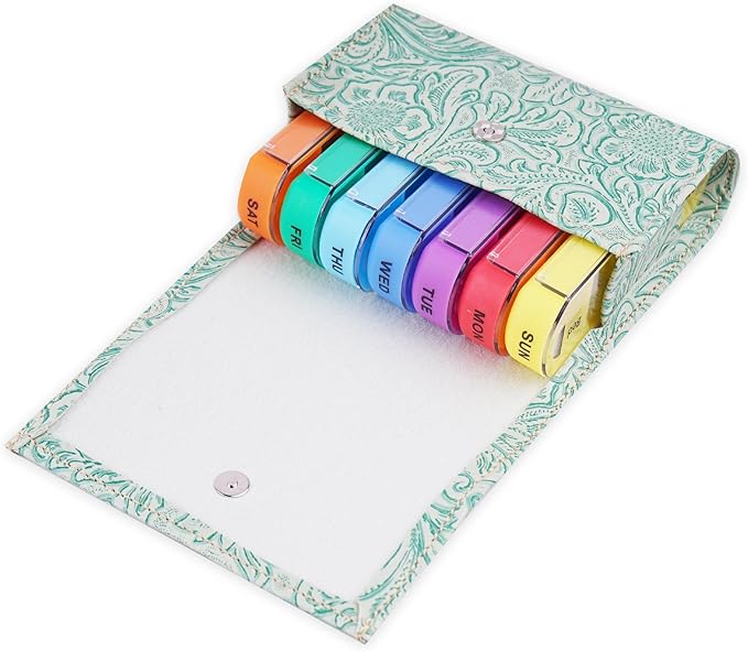 Pill Organizer,Haecsfl Weekly Travel Pill Case Box Medication Reminder Daily AM PM, Day Night 7 Compartments,for 4 Times A Day, 7 Days a Week-Includes Leather PU Carrying Case(1-Carved Green1)
