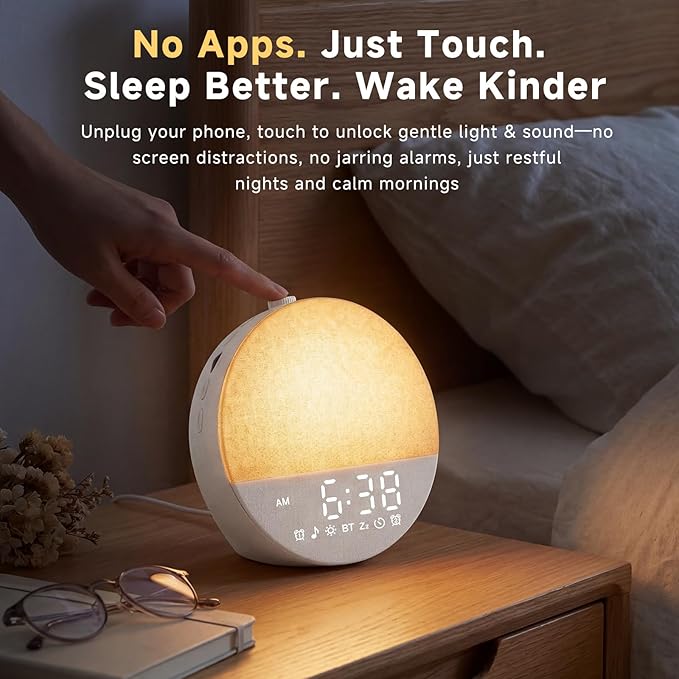 Sunrise Alarm Clock White Noise Machine | Natural Wake-Up Light for Bedroom with 30 Soothing Sleep Aids, Bluetooth Speaker, Dimmable Clock, Screen-Free Design for Baby Adults Kids-White