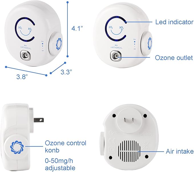 Airthereal B50 Mini Ozone Generator Air Purifier- Removes Odors and Sterilizes Air in Small Spaces Up To 320 Sq Ft - Plug in Mini Air Ionizer, Adjustable Ozone Output of 10-50 mg/h, 2-Pack