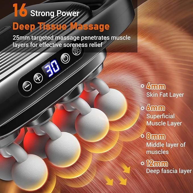 Gurui Massage Guns Deep Tissue, Neck Massager with 16 Heads, 16-Head Massage Gun Set for Deep Tissue and Back, Shoulders, Legs, Pain Relief