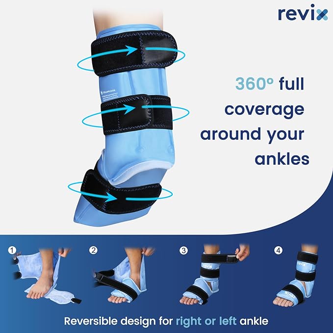 REVIX Ankle Ice Pack Wrap for Foot Pain Relief and Feet Injuries, Reusable Gel Ice Cold Packs for Achilles Tendonitis, Plantar Fasciitis, Sprained Ankles and Heels