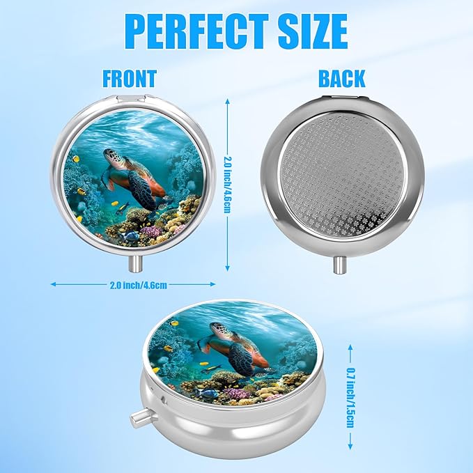 Sea Turtle Pill Case, Pill Box 3 Compartments Metal Small Pill Holder with Mirror Mini Travel Pill Container for Purse Pocket Women Men