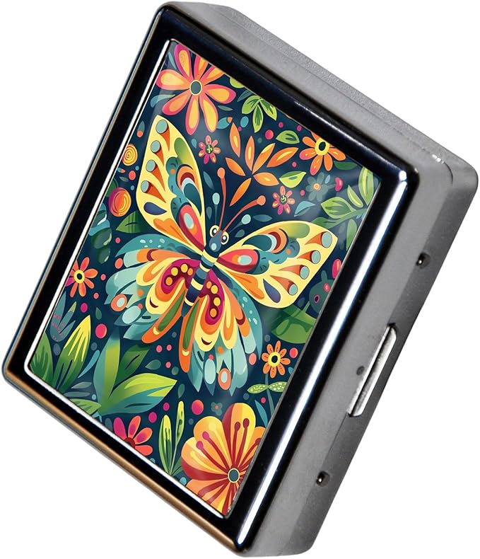 Metal Pill Organizer Box with Mirror – 8 Compartment Chrome Pill Case, Pocket-Size Travel Pill Container for Vitamins, Seniors, Daily Use (Playful Butterfly)