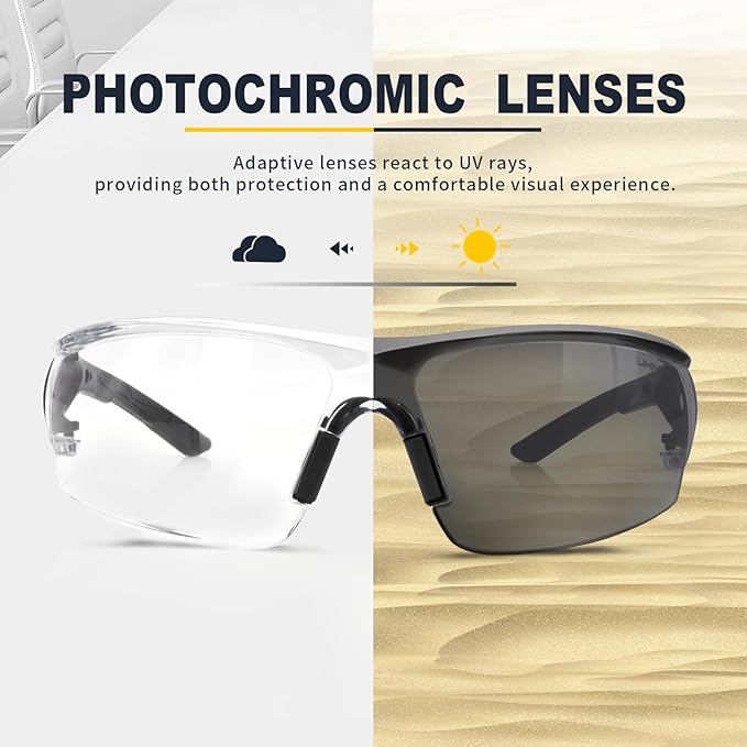 UKNOW Photochromic Safety Glasses, Scratch Resistant Wraparound Lenses, Removable Foam Gasket, ANSI Z87.1 Protective Eyewear