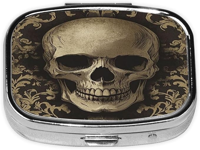 Gothic Wallpaper Skull Pattern Pill Case Pill Box Travel Pill Organizer Small Square Medicine Box for Purse & Pocket Gifts