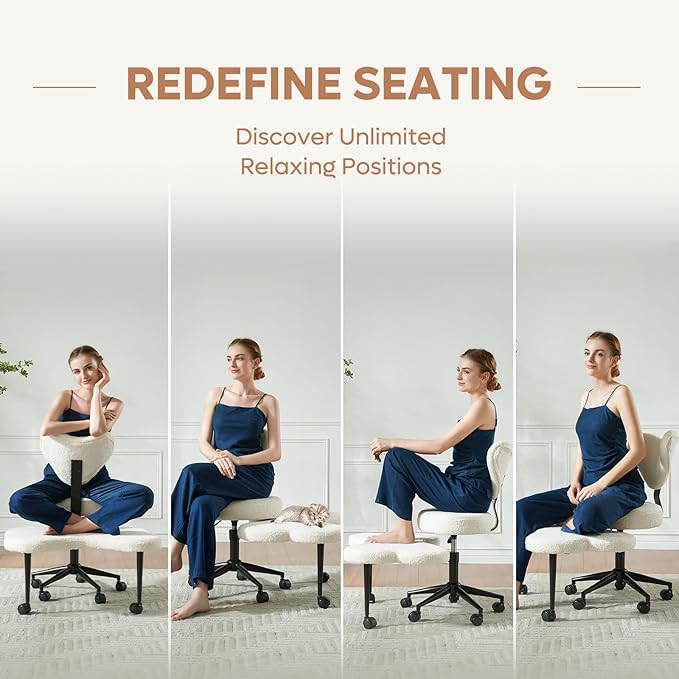 Ergonomic Cross Legged Chair, 360° Swivel Meditation Chair with Wheels, Height Adjustable Seat for ADHD, Strong Lumbar Support, Chic Home Office Furniture, Teddy Fabric, Off White