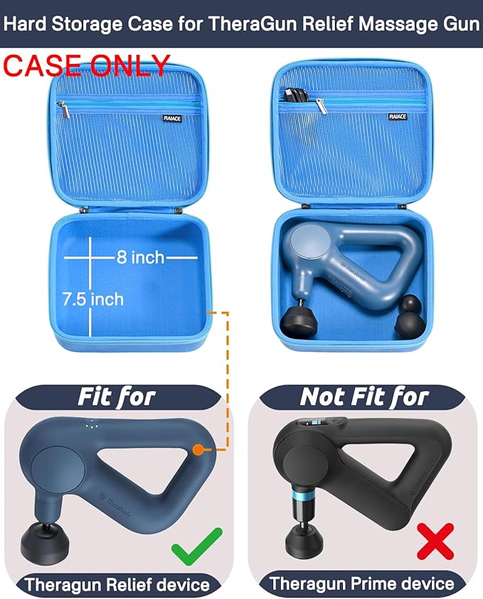 RAIACE Massage Gun Case, Hard Travel Storage Case Compatible with TheraGun Relief Percussion Massage Gun Device, Carrying Bag with Mesh Pocket for Cables and Other Accessories. (Case Only) - Blue
