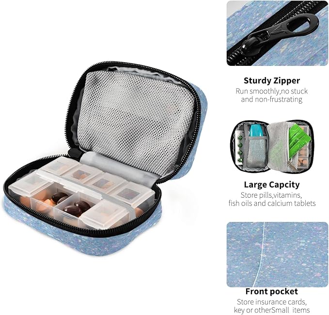 Bright Light Blue Pearl Glitter Pill Organizer Case 7 Day Small Cute Bling Travel Pill Box with Zipper Portable Weekly Vitamin Medicine Supplement Holder Pouch Bag