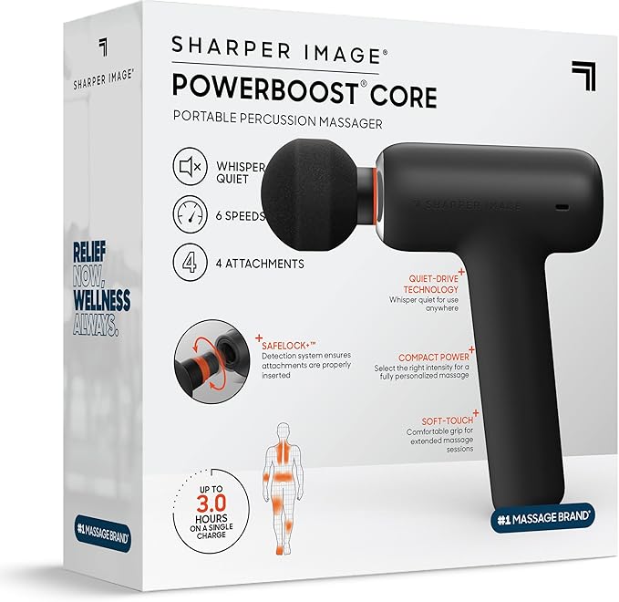 Sharper Image PowerBoost Core Mini Massage Gun| Upgraded Portable Deep Tissue Percussion Massager with 6 Speeds| 4 Attachments| Quiet Motor| Cordless Muscle Recovery Tool with Carry Pouch