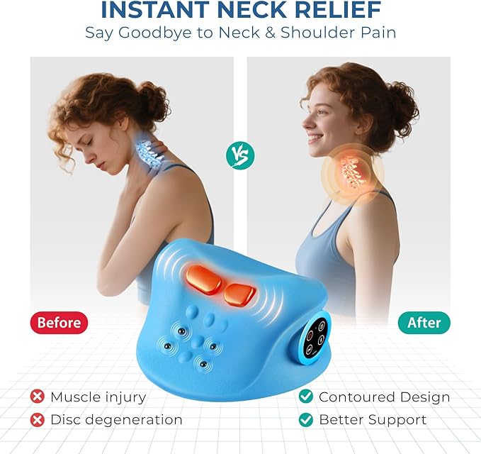 YOUKADA Neck Massager, 3 in 1 Modes, Electric Shoulder Relaxer, Neck Stretcher with Heat for Pain Relief Deep Tissue, Ergonomic 26°Shoulder Massager, Portable for Car/Office/Home (Blue)