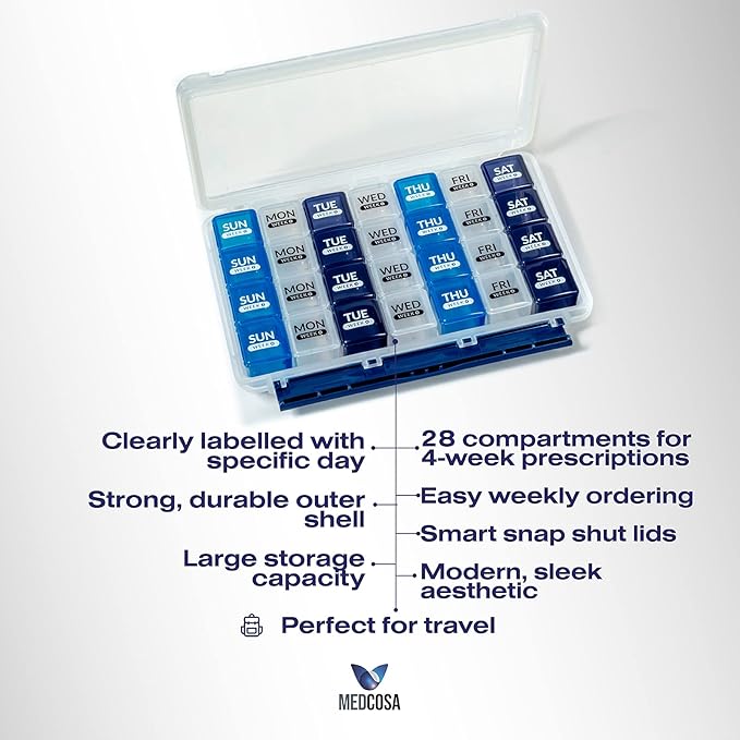 Medcosa 28 Days Pill Case | Fed Up of Filling Your Pills? | Daily Medicine Organizer | Supplement Box with 28 Compartments