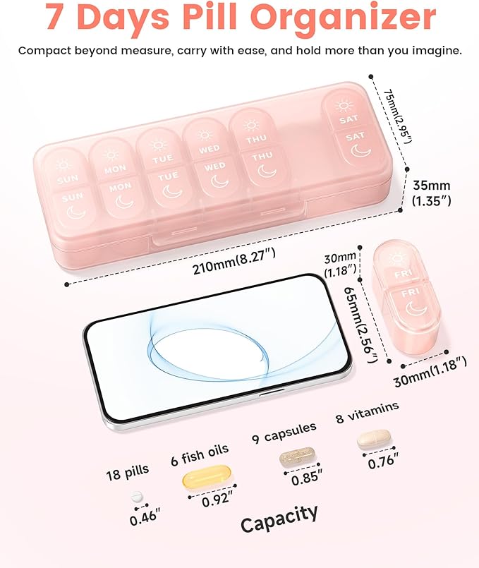 Weekly Pill Organizer 2 Times a Day, Daily AM PM Pill Box Case 7 Day with Large Openings for Easy to Use, Travel Medicine Container for Medication, Vitamins, Supplements - Pink