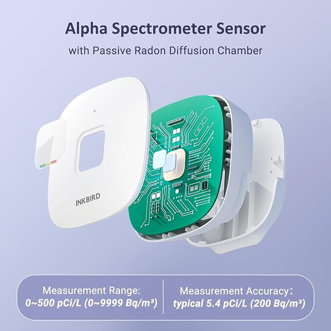 INKBIRD Radon Detector for Home, Ink-RD3 Portable Radon Tester for Home with Long & Short Term Monitoring, E-Ink Display & 2-Year Battery, Alpha Spectrometer Sensor, PCi/L & Bq/m³ Units Switchable