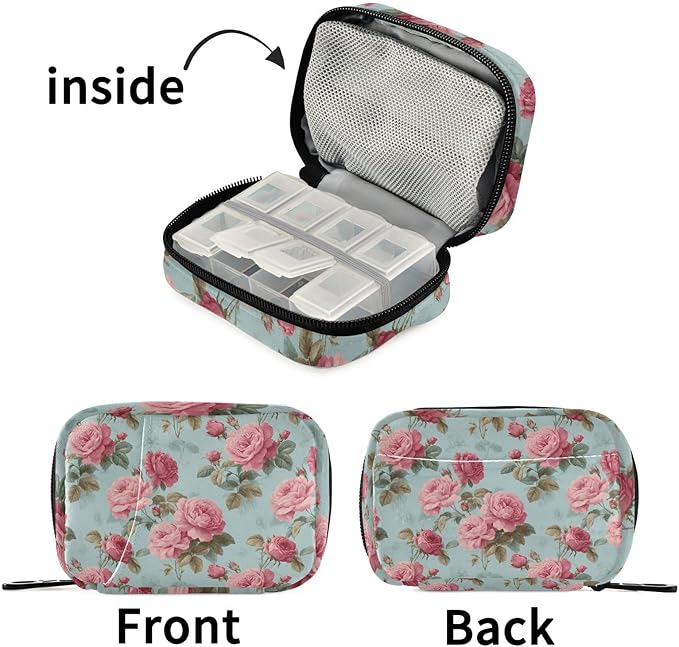 Pink Flower Zipper Travel Medicine Bag Vintage Large Capacity Pill Storage Bag Unisex Printed Pill Organizer for Medicine Vitamin