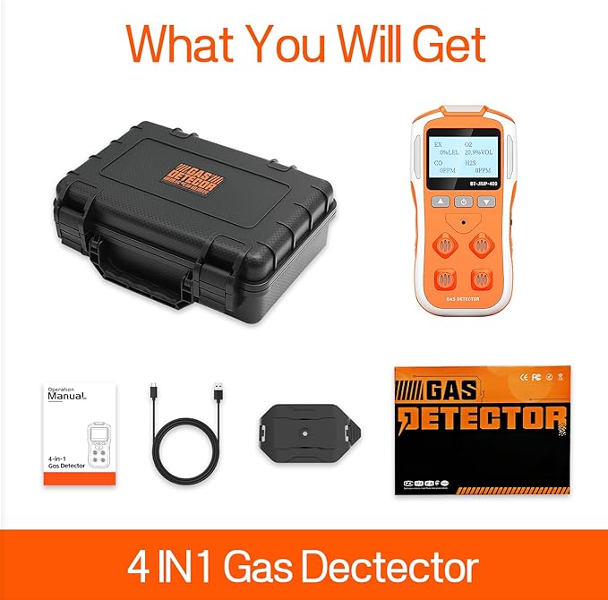 Gas Detector, 4-in-1 Monitor for H2S, CO, LEL, and O2 with Vibration, Visual, and Audible Alarms, 14-Hour Battery Life, Safety-Rated Explosion-Proof, for Work and Home - Orange
