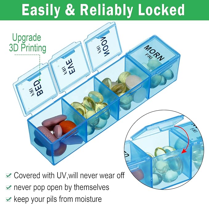Hsei 4 Pack Pill Organizer Monthly XL Large Weekly Pill Organizer 4 Times a Day Box 7 Day Moisture Proof 4 Weeks Case Large(10.2 x 5.5 x 1.4 Inch)