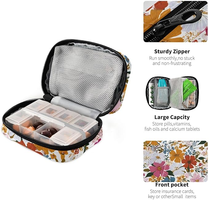 Colorful Flowers01 Travel Pill Organizer Case Box Container Weekly Portable Vitamin Medicine Holder Storage Bag with Zipper Removable