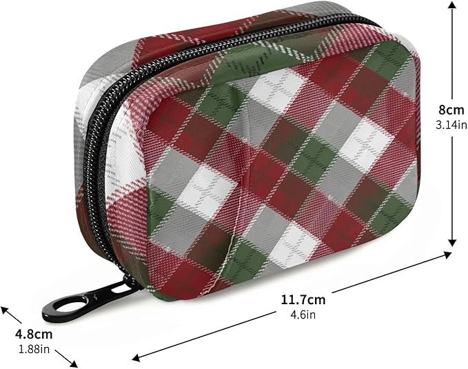 Christmas Plaid Pattern Red Travel Pill Organizer Case Box Container Weekly Portable Vitamin Medicine Holder Storage Bag with Zipper Removable