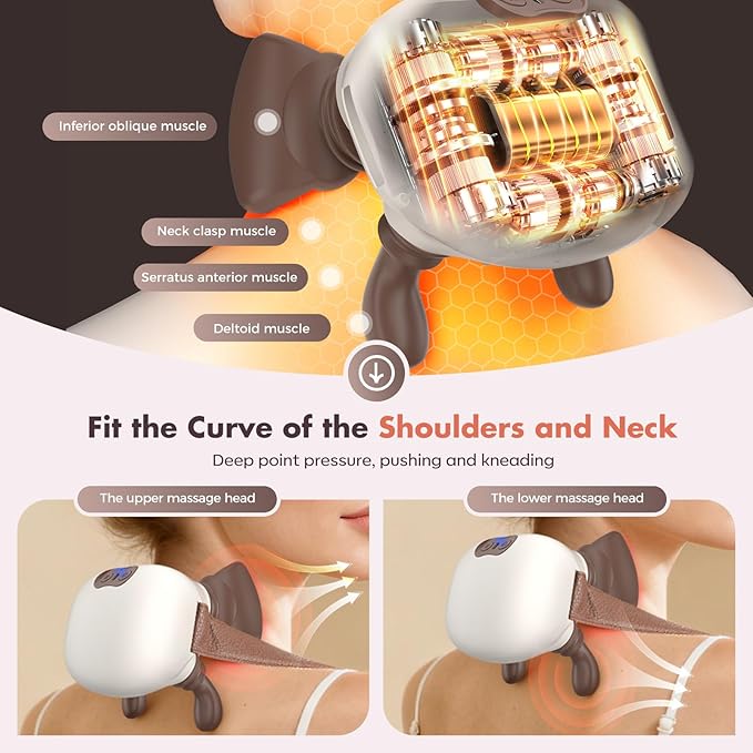 4D Neck Massager,Shoulder Hot Compress Massager, a wireless and portable massager that simulates human hand operation,suitable for relieving neck pain and relaxing muscles,with 3 adjustment modes.