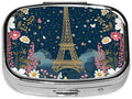 Paris Tower Flower Pill Box with Mirror 2 Compartment Metal Square Small Pill Case for Purse Pocket Portable Pill Container Holder Travel Medicine Organizer for Vitamin Fish Oil Supplement