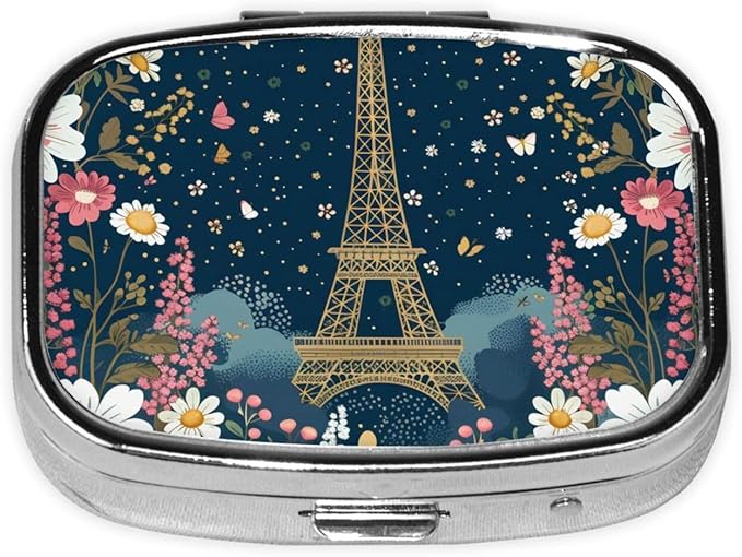 Paris Tower Flower Pill Box with Mirror 2 Compartment Metal Square Small Pill Case for Purse Pocket Portable Pill Container Holder Travel Medicine Organizer for Vitamin Fish Oil Supplement