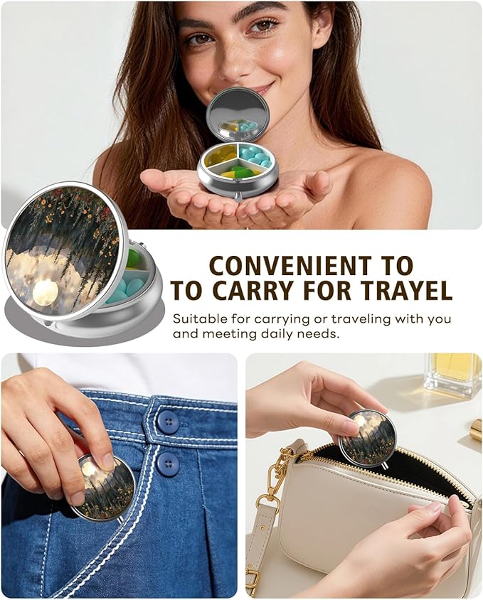 LRITER Pill Case, Portable Travel Pill Box, Pillbox Organizer, Cute Small Medicine Storage Container, Purse Accessories for Women, Men (Sunset Forest)