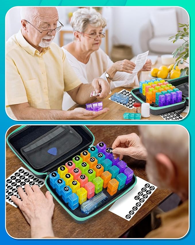 Monthly Pill Organizer 3 Times a Day, with Portable Hard Shell, Pill Cutter, 31-Day Box, Plastic Opening Pick, Monthly & Weekly Stickers, Convenient Medication Management (Black, 3 Times a Day)