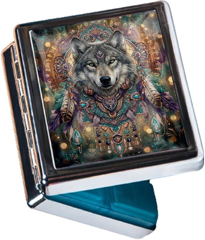Metal 7 Day Pill Organizer, Weekly Pill Case 8 Compartments, Travel Pill Box for Purse & Pocket, Small Medicine & Vitamin Organizer, PP Dividers, Secure Clasp (Mystic Wolf)