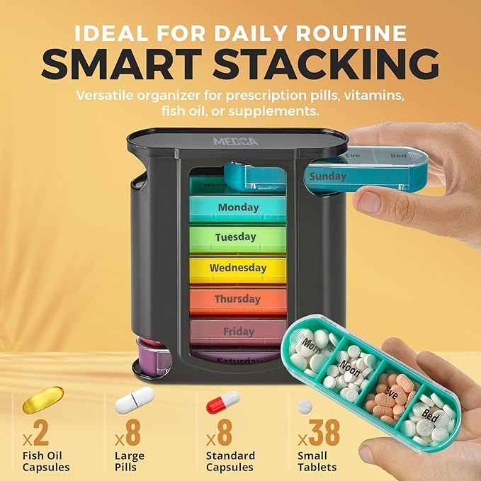 Stackable Daily Pill Organizer - 2 Pack, 4 Times a Day Weekly Medication Reminder - Premium Weekly AM/PM Pill Box with 7 Individual Stacking Cases, a Everyday Medicine Organizer for Vitamins