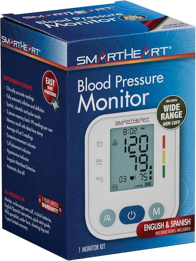 SmartHeart Blood Pressure Monitor | Wide Range Arm Cuff | 2-Person Memory | 198 Total Reading Storage | Excessive Movement Indicator | Easy to Use Automatic Inflation and Deflation