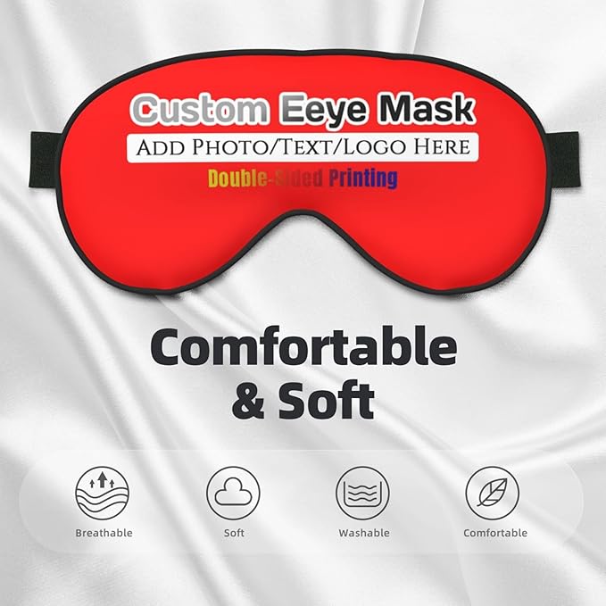 Personalized Eye Mask Add Picture Text Image Logo Custom Travel Sleeping Masks for Home Office Customized Sleep Mask for Men Women Blocks Light Adjustable Strap Red