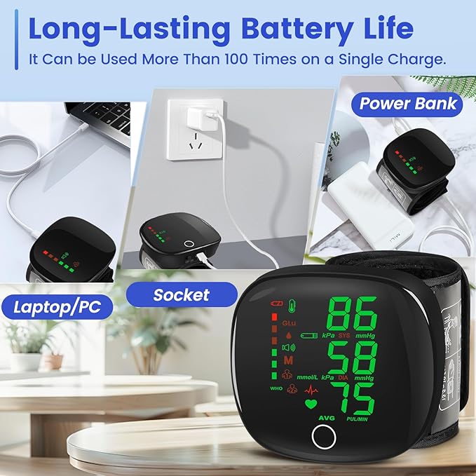 Digital Wrist Blood Pressure Monitor, Automatic BP Machine Large Tri Backlit Screen Rechargeable Pluse Rate Monitoring Meter Wrist Blood Pressure Monitor for Home Use,99X2 Reading Memory