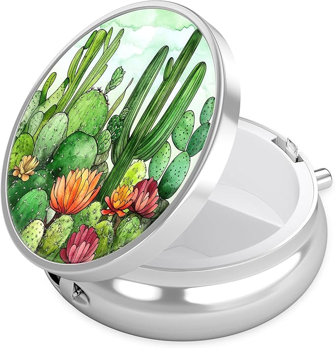 Cactus Pill Case, Pill Box 3 Compartments Metal Small Pill Holder with Mirror Mini Travel Pill Container for Purse Pocket Women Men