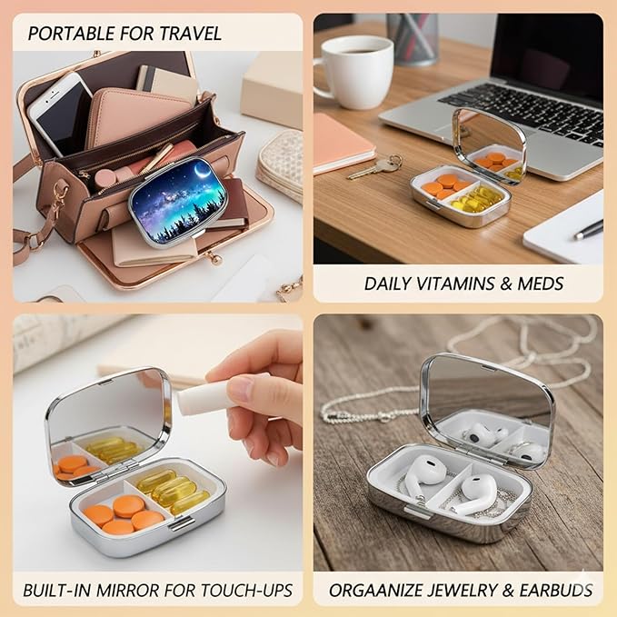 Square Pill Case Small Pill Box with Mirror Pocket 2 Compartment Vitamin Pill Medicine Case Organizer Pill Containers for Traveling Starry Sky Coniferous Forest Moon