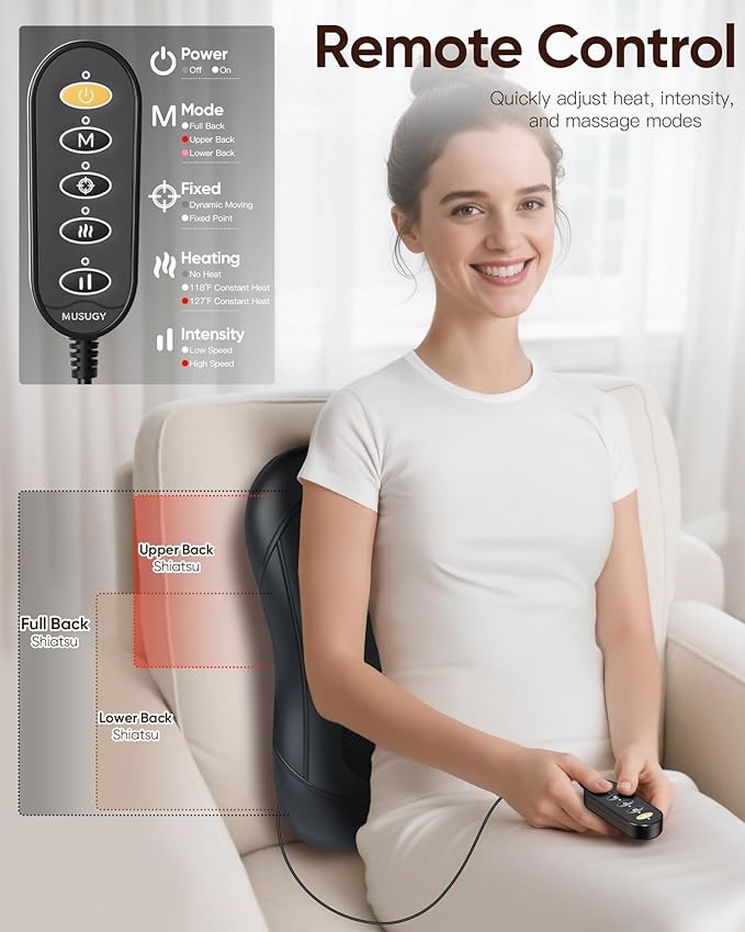 Shiatsu Back Massager with Heat : Up & Down Rolling Massage– Kneading Massager for Back Pain Relief Deep Tissue - Adjustable Intensity and Heat for Office Workers, Seniors, and Daily Comfort
