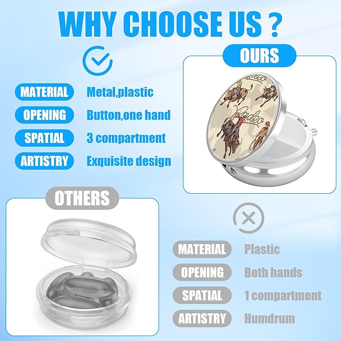 Pill Box, 3 Compartments Small Pill Case Travel Portable Metal Medicine Box with Mirror Mini Container for Purse Pocket Women Men（Vintage Western Cowboy）
